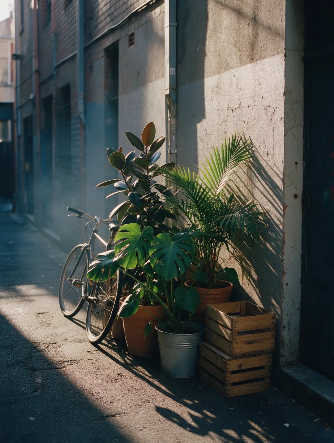 Potted monstera, rubber plant and palm against a concrete wall, with a bicycle and stacked crates.