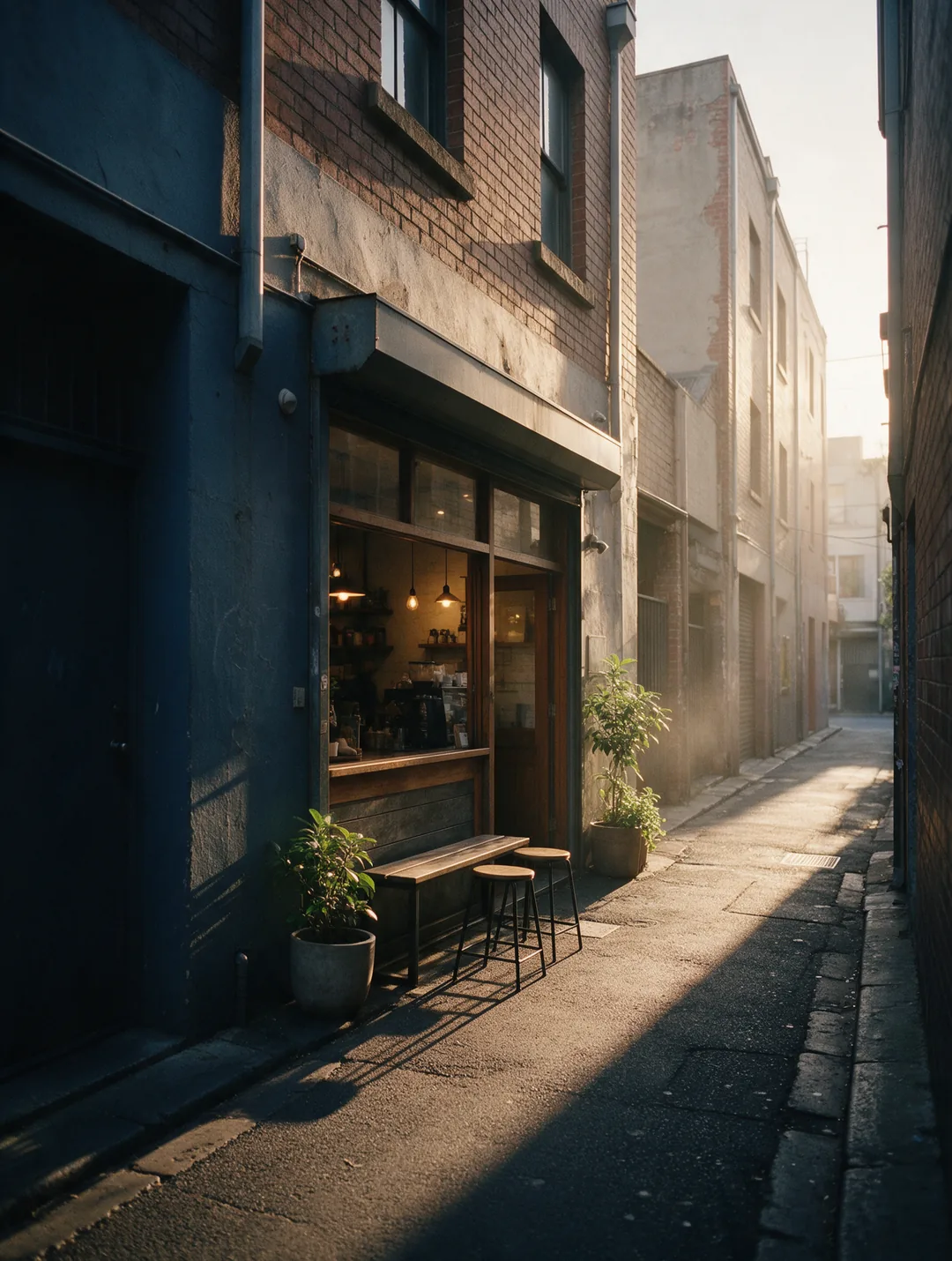 A small single-fronted cafe a few metres down the lane, its doorway open and lit.
