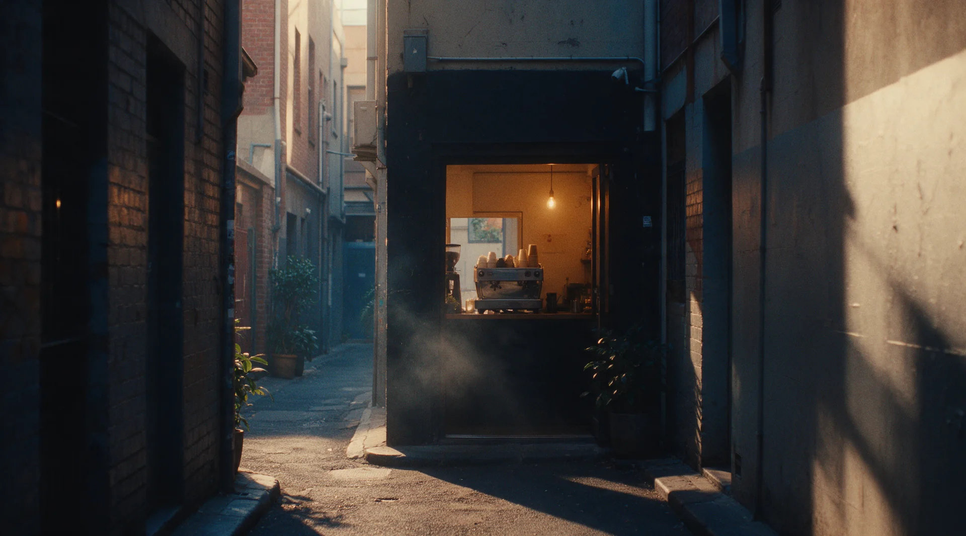 The open doorway of a small cafe seen from the middle of the laneway, warm light inside.