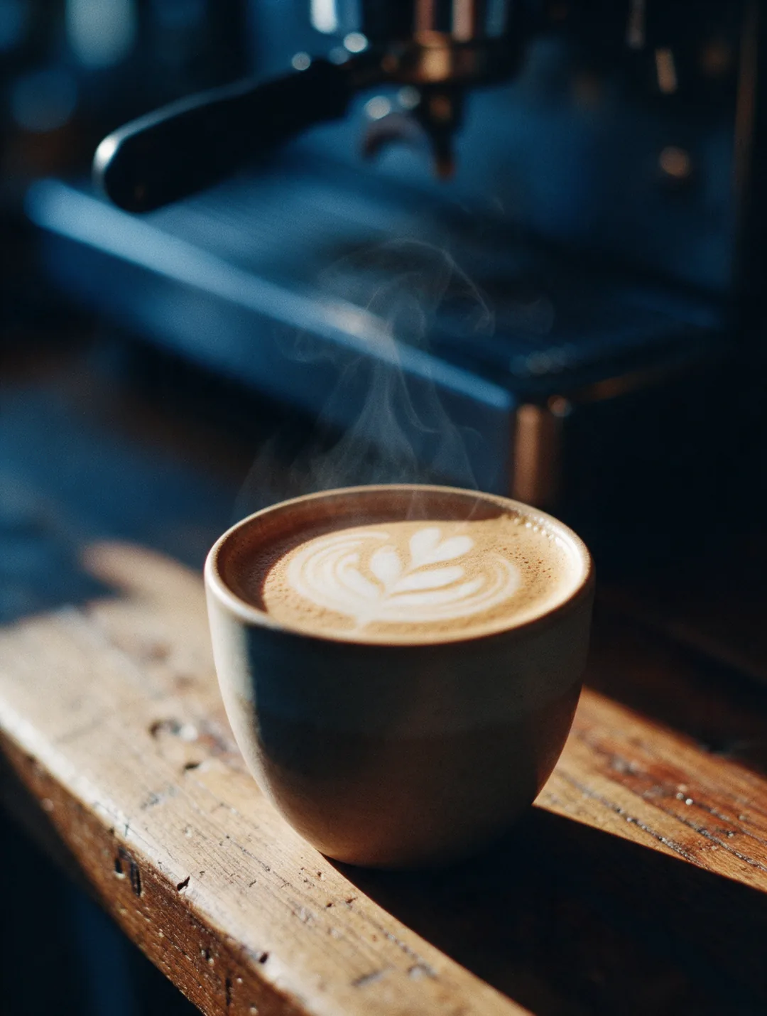 A flat white in a matte ceramic cup, steam rising through morning light.