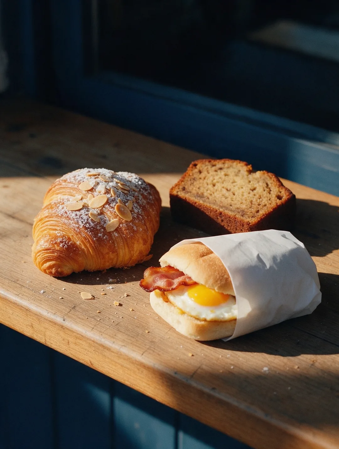 An almond croissant, a slice of banana bread and a bacon and egg roll on a timber counter.